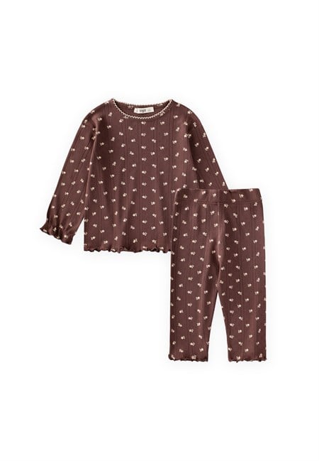 Çiçek Desenli Pijama Takımı 1-8 Yaş Kahverengi