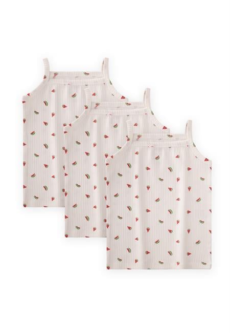 İp Askılı Kız Atlet Üçlü EKRU KARPUZ DESENLİ