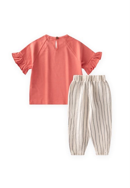 Slow Down Çiçek Baskılı Müslin Çizgili Pantolon Takım 2-10 Yaş Mercan