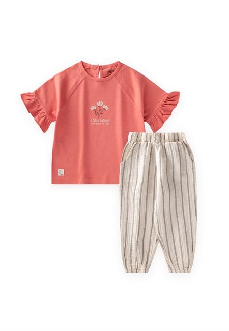 Slow Down Çiçek Baskılı Müslin Çizgili Pantolon Takım 2-10 Yaş Mercan