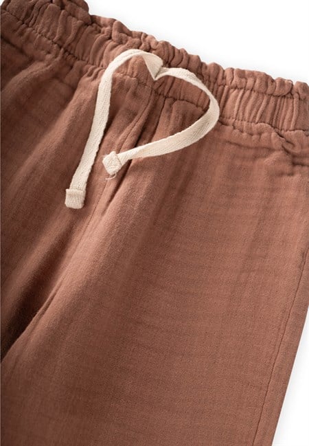 Organic Beli Fırfırlı Geniş Kesim Müslin Pantolon 1-8 Yaş Açık Kahve