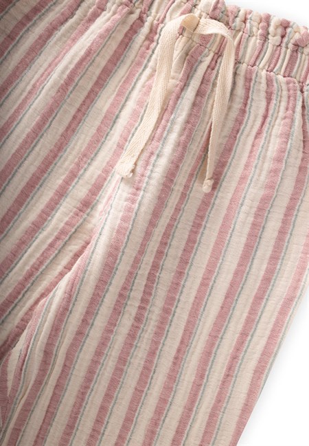 Organic Beli Fırfırlı Geniş Kesim Müslin Pantolon 1-10 Yaş Gül Kurusu Çizgili