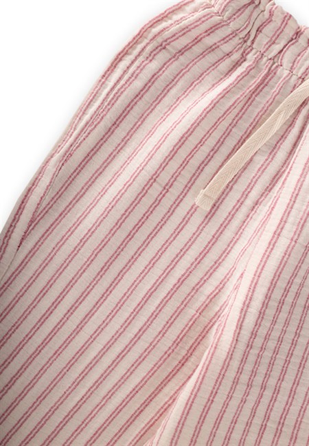 Organic Beli Fırfırlı Geniş Kesim Müslin Pantolon 1-10 Yaş Fuşya Çift Çizgili