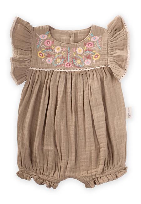 Çiçek Nakışlı Dantelli Müslin Tulum 0-3 Yaş VİZON