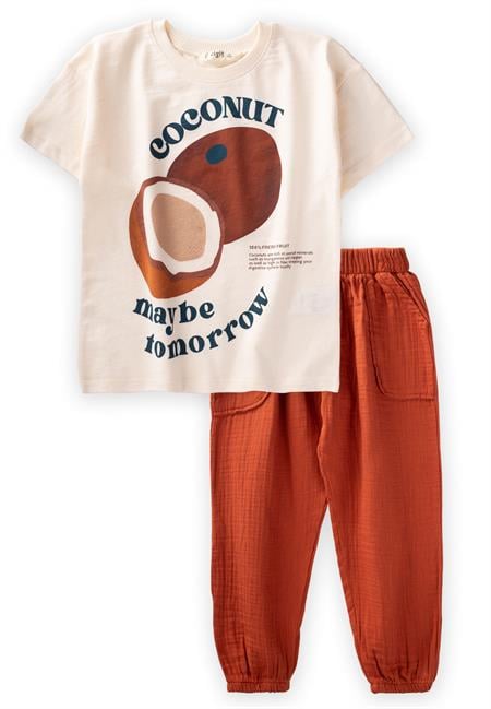 Organic Pantolonlu Coconut Baskılı T-Shırt Takım 3-10 Yaş Ekru