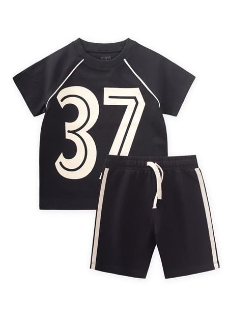 Baskılı Şerit Detaylı T-Shırt Takım 2-10 Yaş Siyah