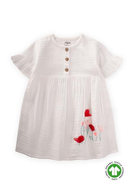 Organik Çiçek Nakışlı Müslin Elbise 1-6 Yaş Ekru