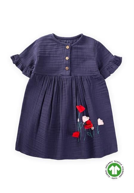 Organik Çiçek Nakışlı Elbise 1-6 Yaş LACİVERT
