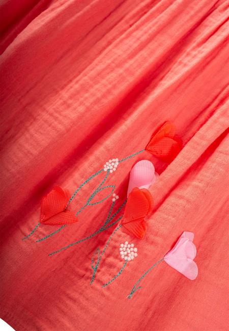 Organik Çiçek Nakışlı Müslin Elbise 1-6 Yaş Mercan