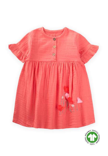 Organik Çiçek Nakışlı Müslin Elbise 1-6 Yaş Mercan