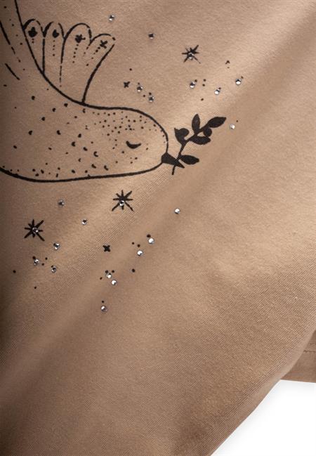 Kuş Baskılı Taş Detaylı Müslin Etekli Takım 2-8 Yaş Bej