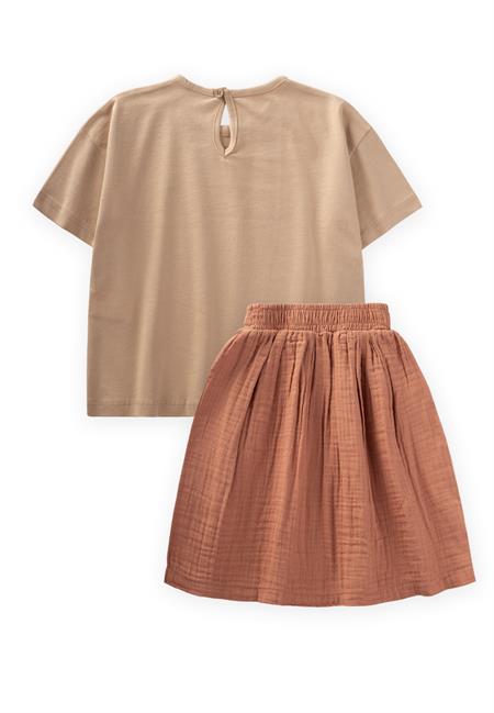 Kuş Baskılı Taş Detaylı Müslin Etekli Takım 2-8 Yaş Bej