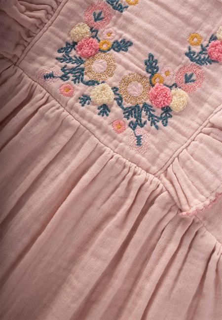 Etnik Süzene Nakışlı Organik Elbise 1-7 Yaş Pudra Pembe