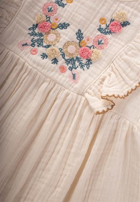 Etnik Süzene Nakışlı Organik Müslin Elbise 1-7 Yaş Naturel