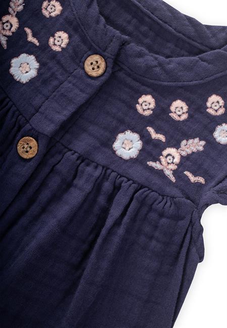 Organik Nakışlı Müslin Tulum 0-3 Yaş Lacivert