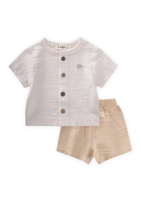 Organik Kirpi Nakışlı Müslin Takım 0-5 Yaş Ekru