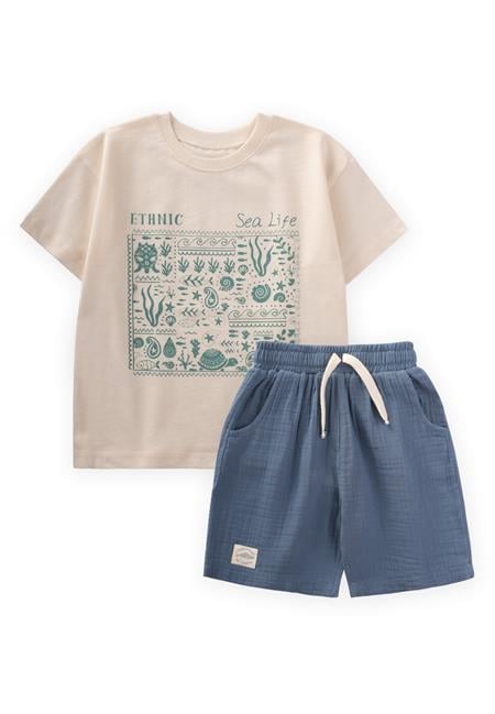 Ethnic Baskılı T-Shırt Takım 2-10 Yaş Ekru