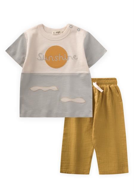 Aplikeli Garni Detaylı T-Shırt Takım 1-5 Yaş Taş