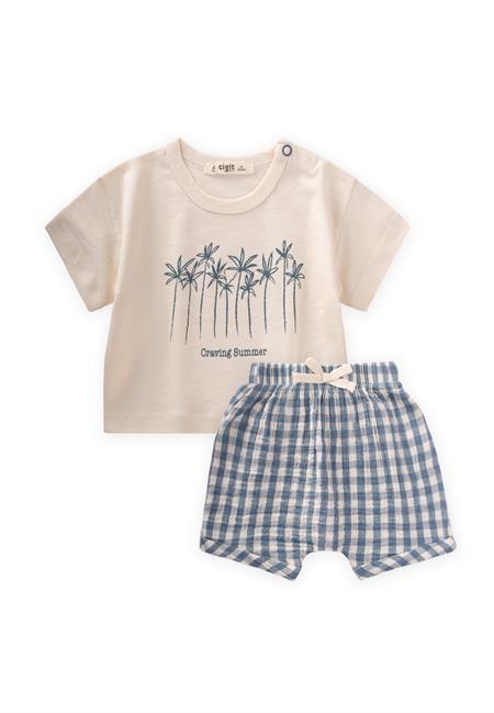 Palmiye Baskılı Müslin Şortlu Takım 0-3 Yaş Ekru