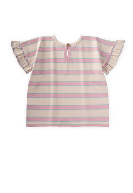 Çizgili Bağlamalı Kız T-Shırt 3-10 Yaş Pudra Mavi Çizgili