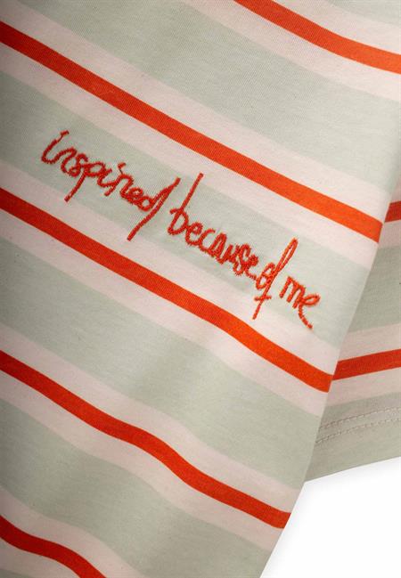 Geniş Çizgili Nakışlı T-Shırt 2-10 Yaş Mint Turuncu Çizgili