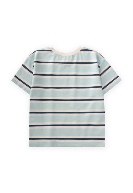Geniş Çizgili Nakışlı T-Shırt 2-10 Yaş Turkuaz Lacivert Çizgili