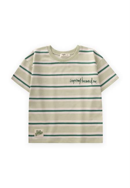 Geniş Çizgili Nakışlı T-Shırt 2-10 Yaş Mint Haki Çizgili