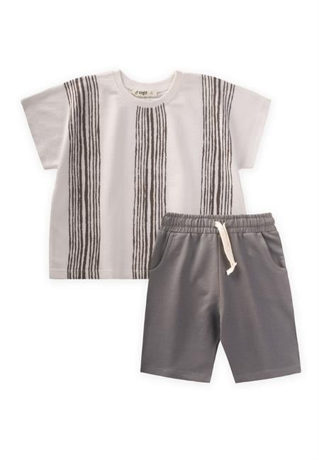 oversize Çizgili T-Shırt Takım 2-9 Yaş Ekru Vizon