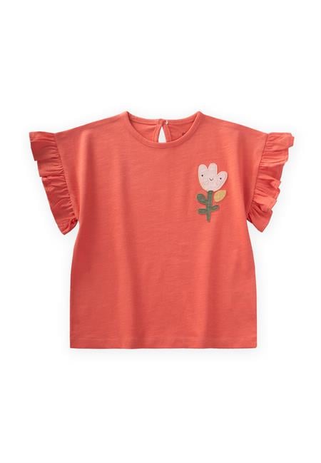 Lale Aplikeli Kız T-Shırt 1-7 Yaş Mercan