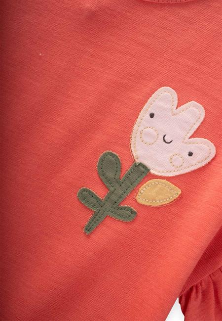Lale Aplikeli Kız T-Shırt 1-7 Yaş Mercan