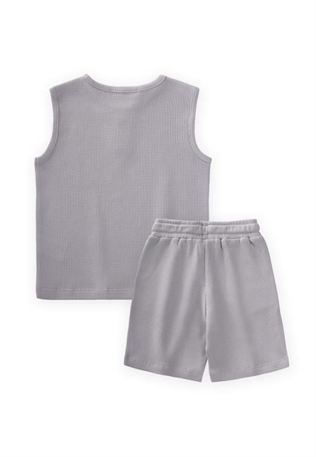 Stil Çizgi Detaylı Sıfır Kol Waffle Takım 2-7 Yaş Gri