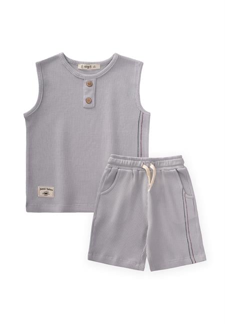 Stil Çizgi Detaylı Sıfır Kol Waffle Takım 2-7 Yaş Gri