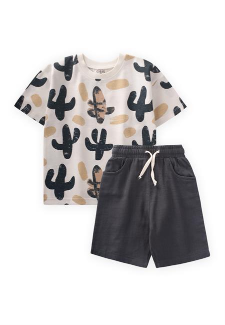 Kaktüs Baskılı T-Shırt Takım 2-8 Yaş Ekru