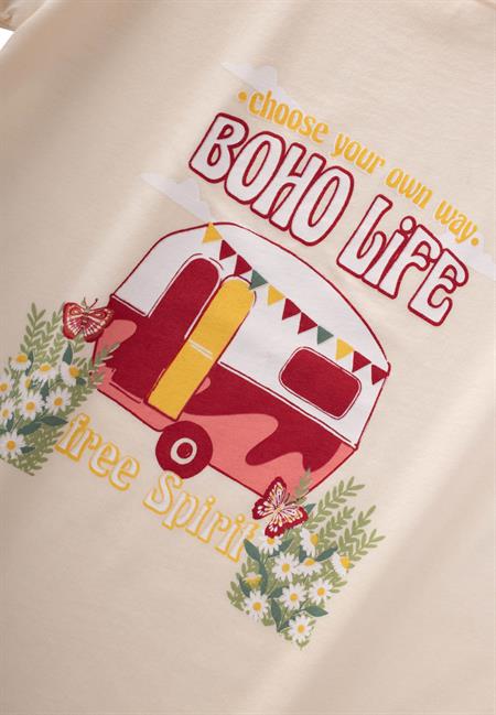 Boho Karavan Baskılı T-Shırt 8-12 Yaş Ekru