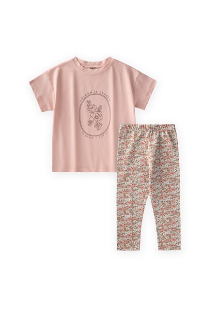 Desenli Taytlı T-Shirt Takım 2-10 Yaş Pudra Pembe