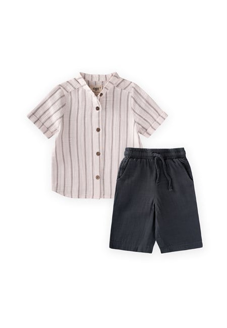 Müslin Gömlekli Takım 2-10 Yaş Çift Çizgili