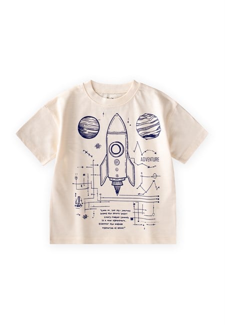 Roket Baskılı T-Shirt 2-12 Yaş Ekru