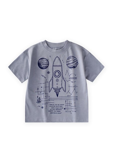 Roket Baskılı T-Shirt 2-12 Yaş Pastel Mavi