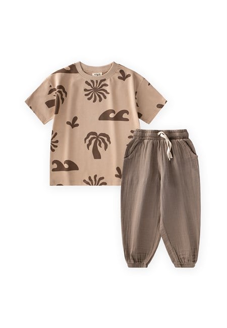 Organik Pantolonlu T-Shirt Takım 2-12 Yaş Bej