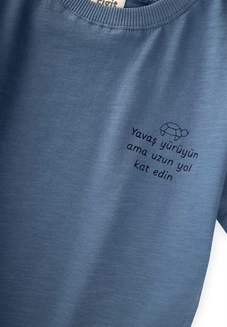 Slogan Baskılı T-Shirt 2-10 Yaş İndigo Mavi