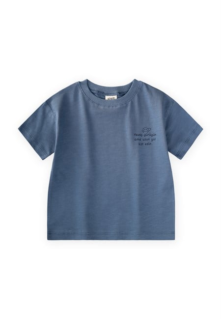 Slogan Baskılı T-Shirt 2-10 Yaş İndigo Mavi