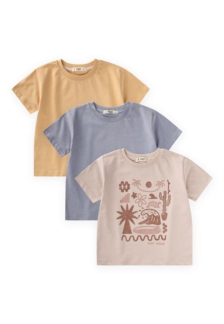 Üçlü Set Erkek T-Shirt 2-10 Yaş Kum Mavi Sundres