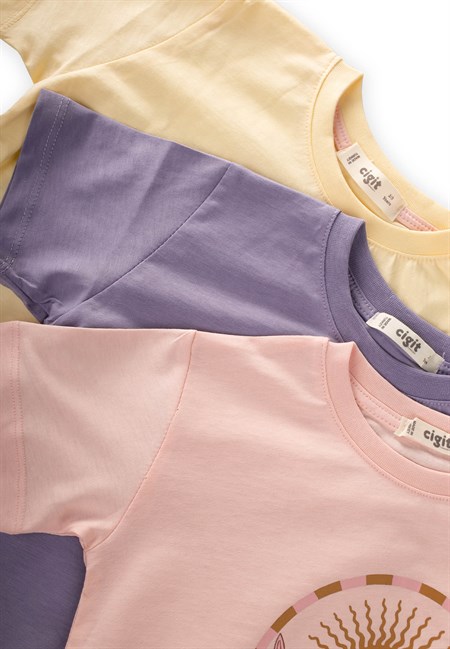 Üçlü Set Kız T-Shirt 2-10 Yaş Lila Sarı Pudra