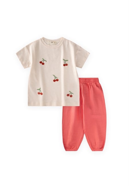 Müslin Şalvarlı T-Shirt Takım 2-8 Yaş Ekru
