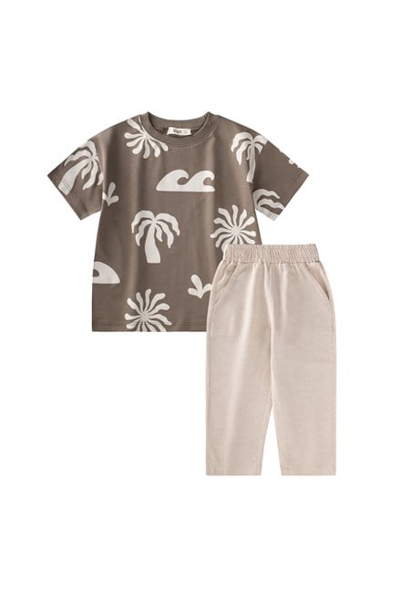Keten Pantolonlu T-Shirt Takım 2-12 Yaş Vizon