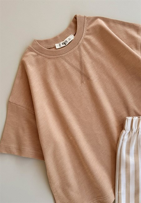 Oversize T-Shirt Takım 2-10 Yaş CAMEL BEJ ÇİZGİLİ