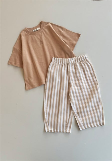 Oversize T-Shirt Takım 2-10 Yaş CAMEL BEJ ÇİZGİLİ