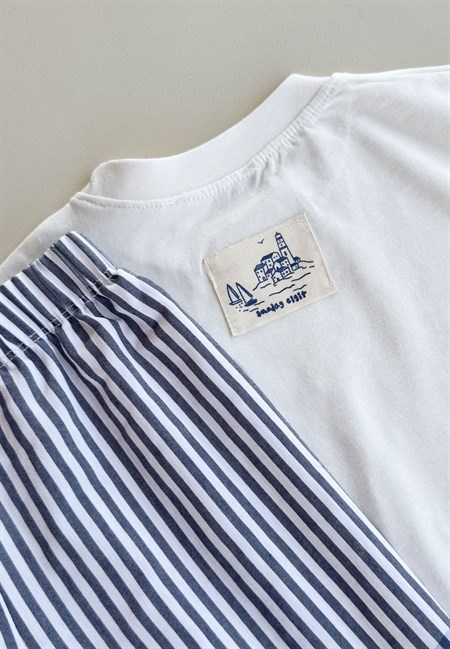 Oversize T-Shirt Takım 2-10 Yaş Kırık Beyaz Lacivert Çizgili