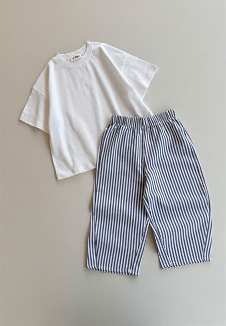Oversize T-Shirt Takım 2-10 Yaş Kırık Beyaz Lacivert Çizgili