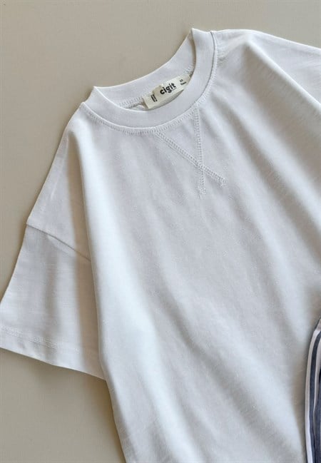 Oversize T-Shirt Takım 2-10 Yaş Kırık Beyaz Lacivert Çizgili